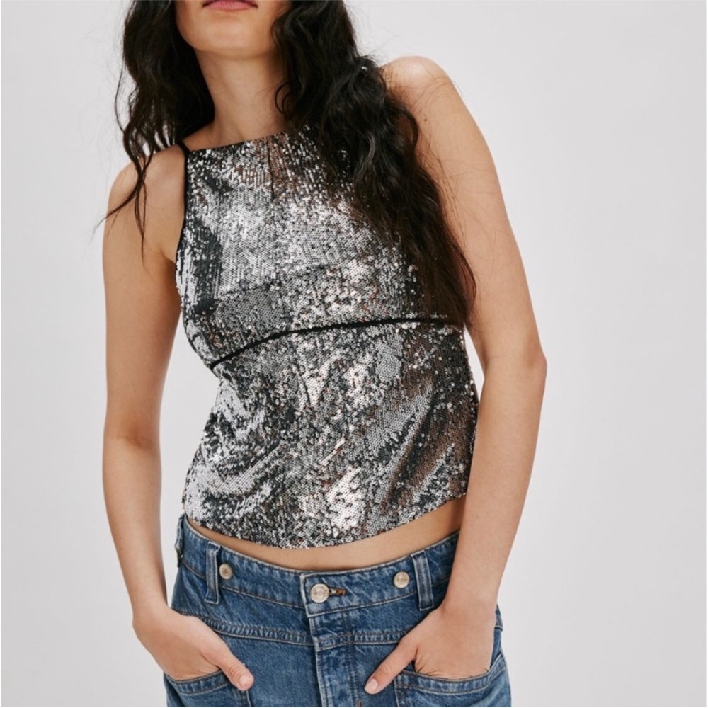 Free People Silver Sequin Tank Top